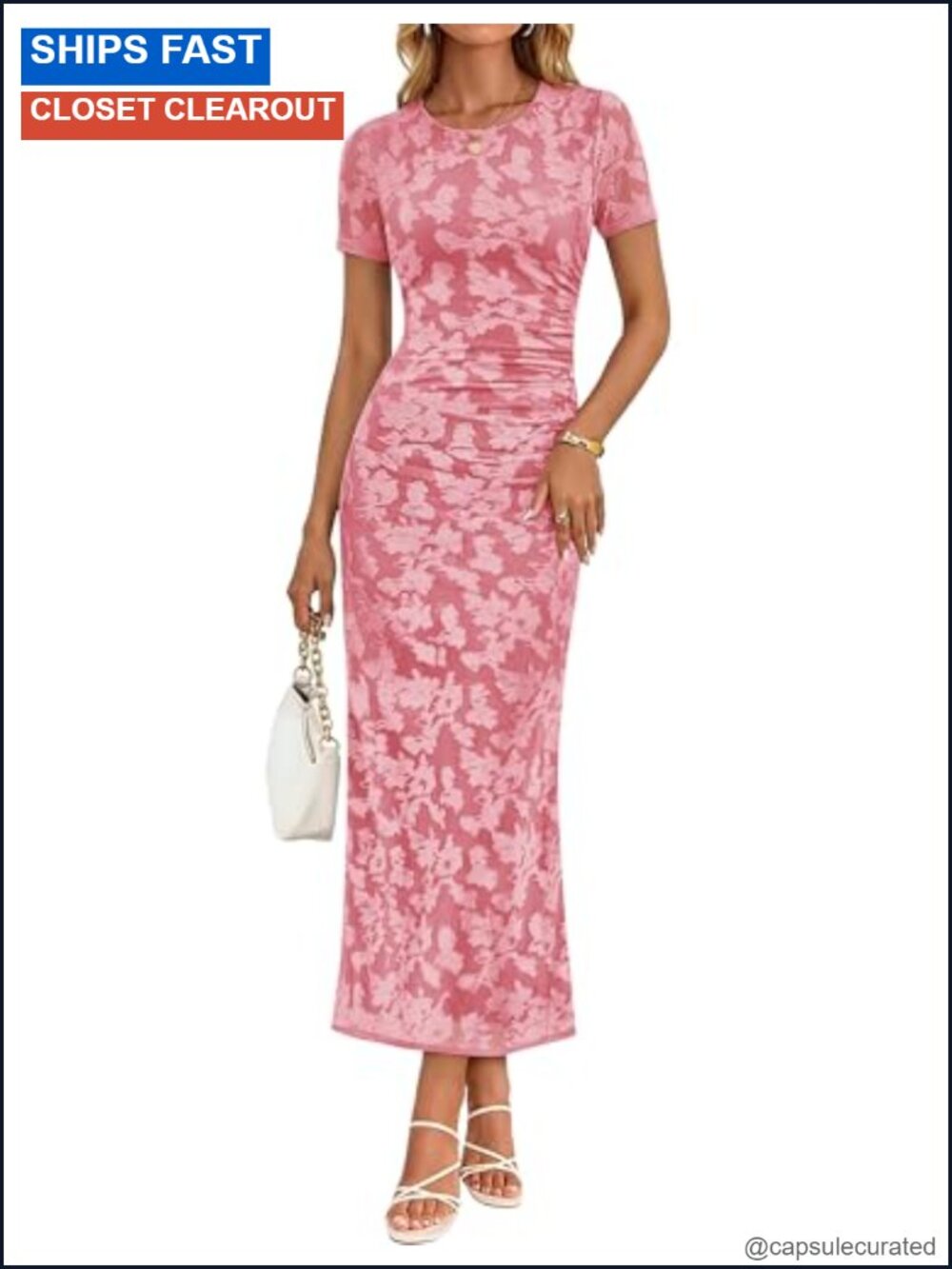 Women's Floral Mesh Midi Dress Short Sleeve Bodycon Cocktail Wedding Guest